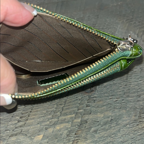 Green Leather Coin Purse Zip Key Ring‎ Silver Heart Zippers - Picture 8 of 9